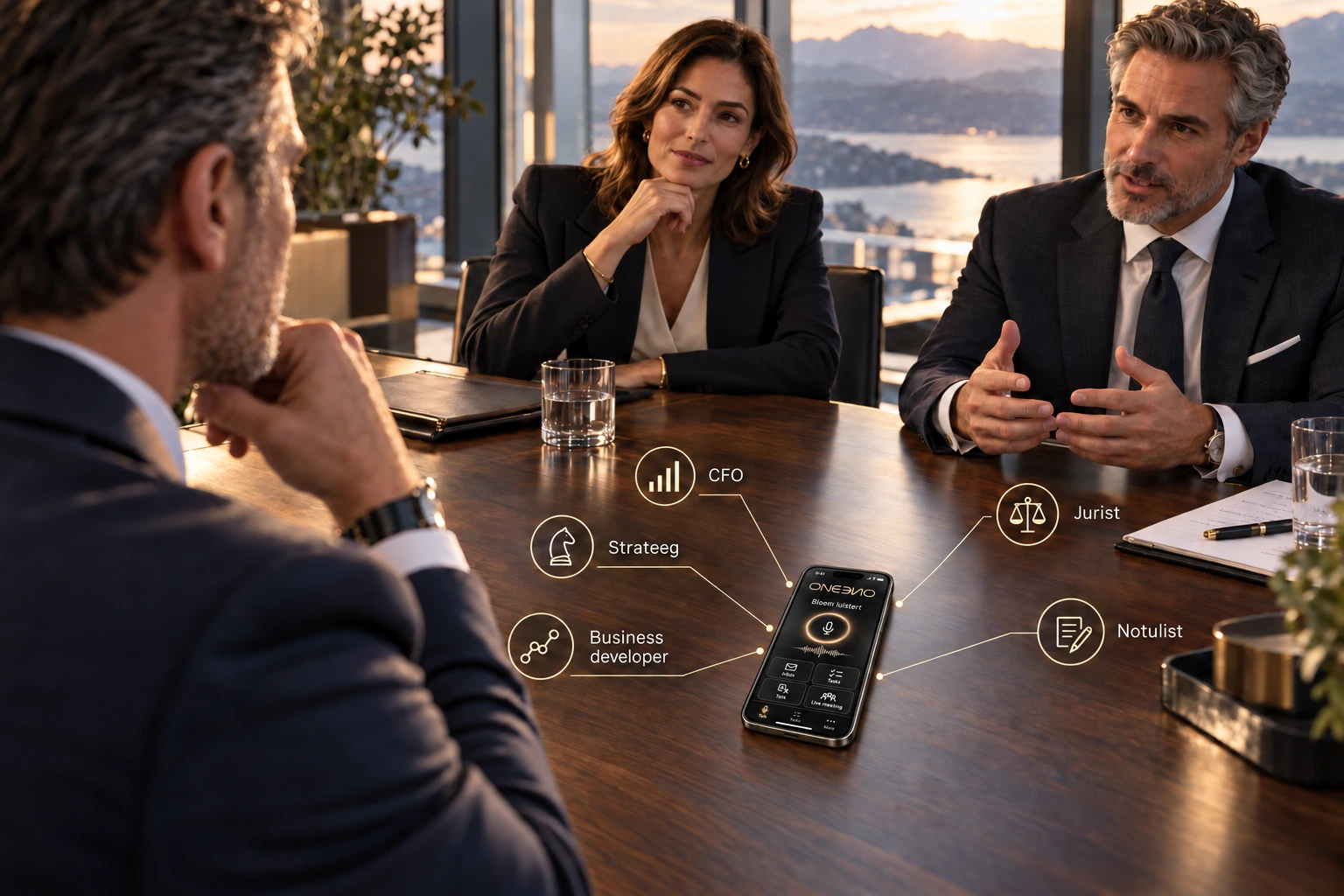 Oneeno on the table during a meeting, connected to CFO, Lawyer, Strategist, Business Developer and Minute-taker