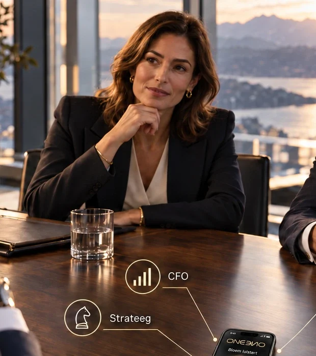 Meeting table with two executives in conversation