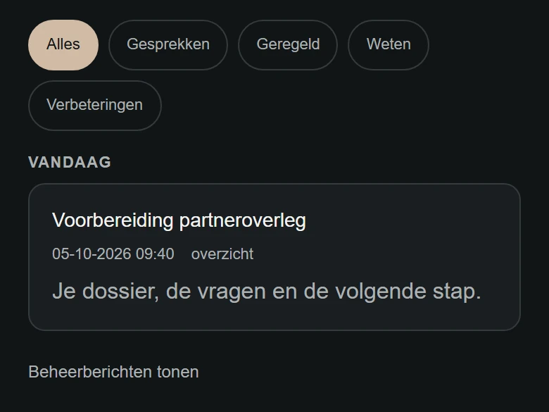 De inbox van de Oneeno-app: onder Vandaag een bericht met de voorbereiding van een overleg