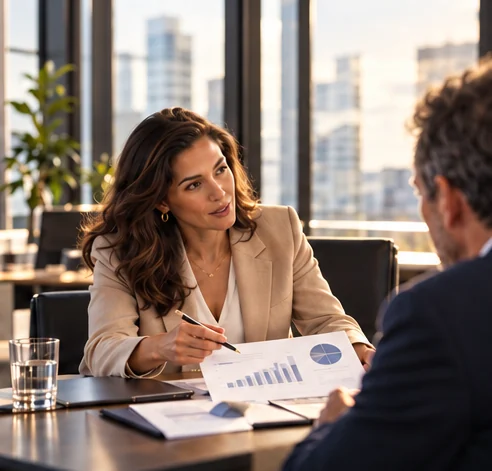 Consultora explica un análisis a un cliente en la mesa