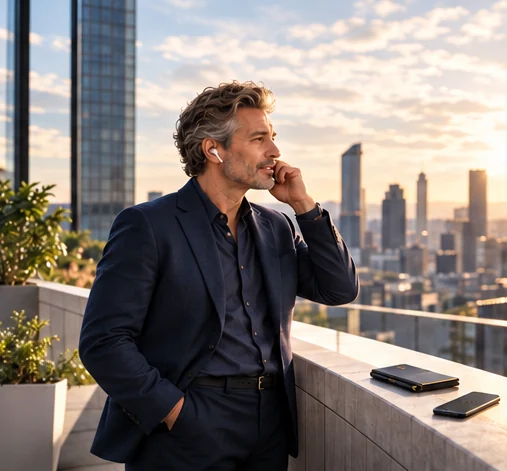 Ondernemer op een dakterras boven de stad, in gesprek via een oortje