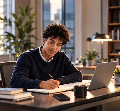 Young professional working through notes at a desk, laptop open