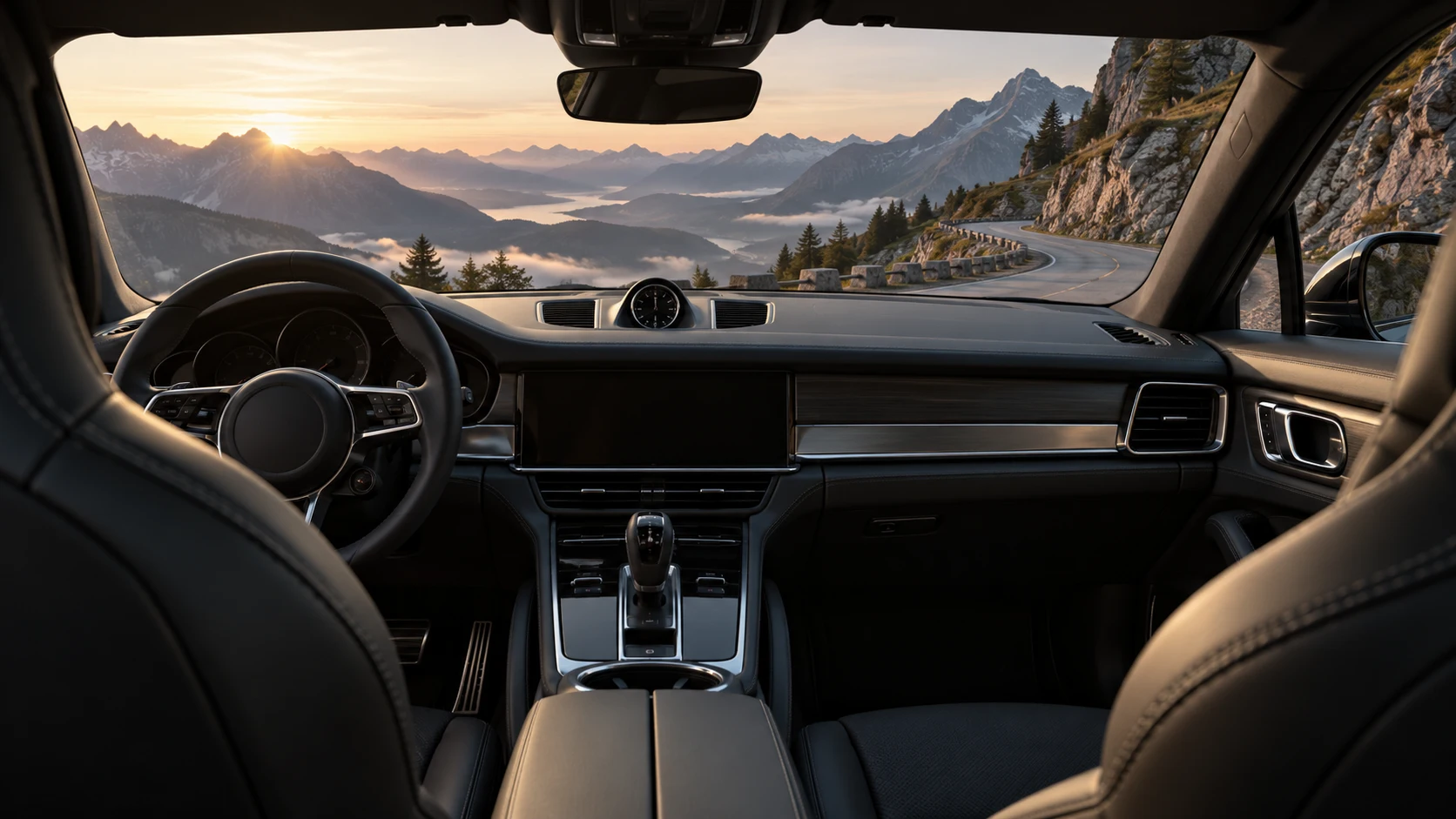 Een luxe sportautocockpit met uitzicht op een bergweg bij zonsopkomst