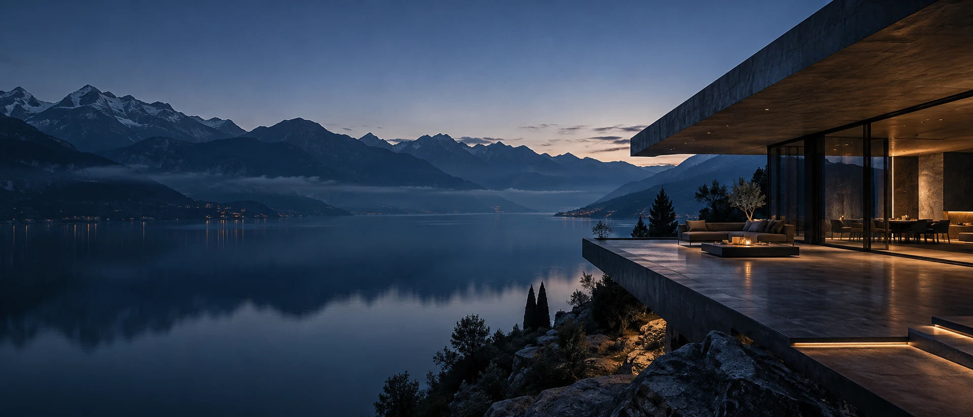 Modern villa by a quiet mountain lake in evening light